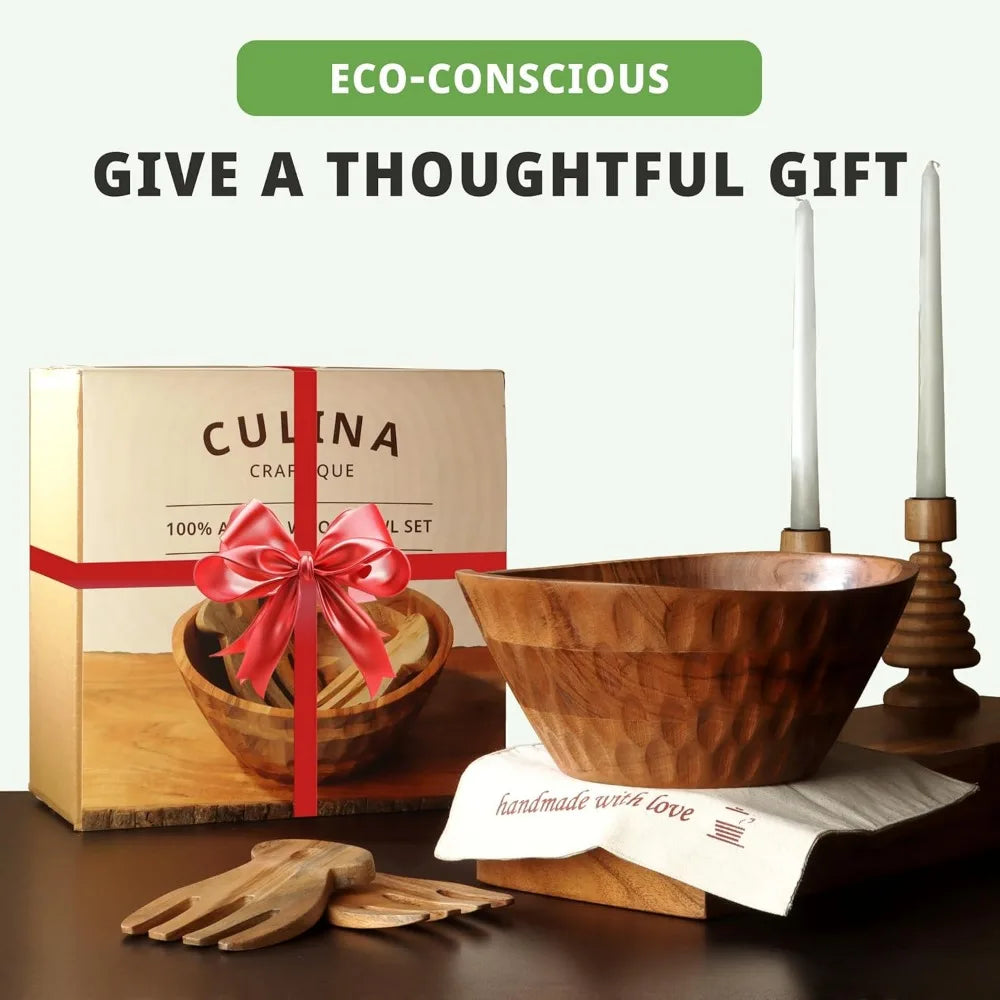 Large Acacia Wood Salad Bowl Set - Utensils and Placemat