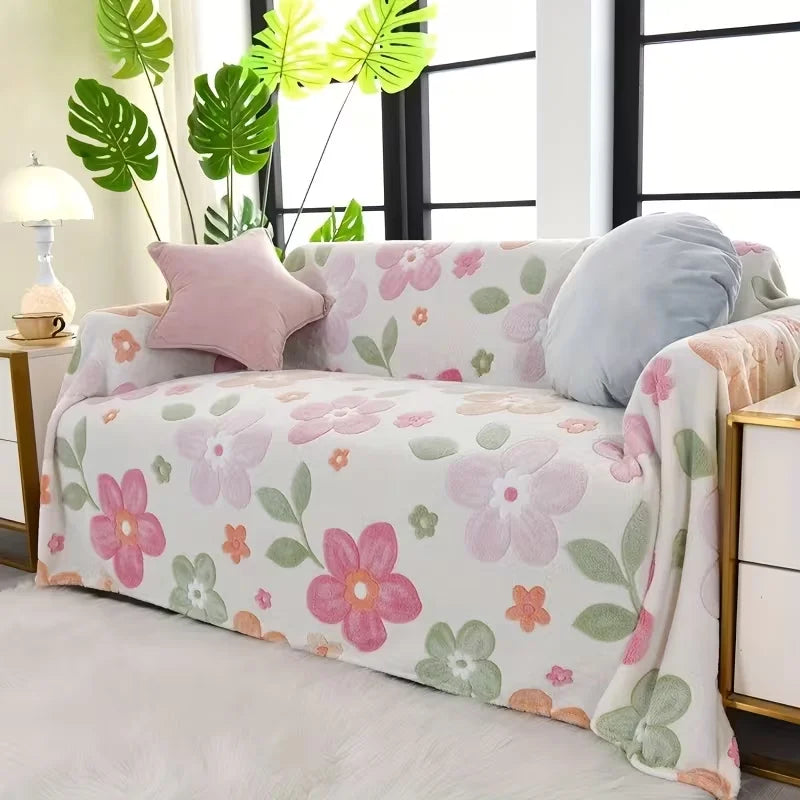 Pastel Pink Floral Print Flannel Throw Blanket, Soft Cozy