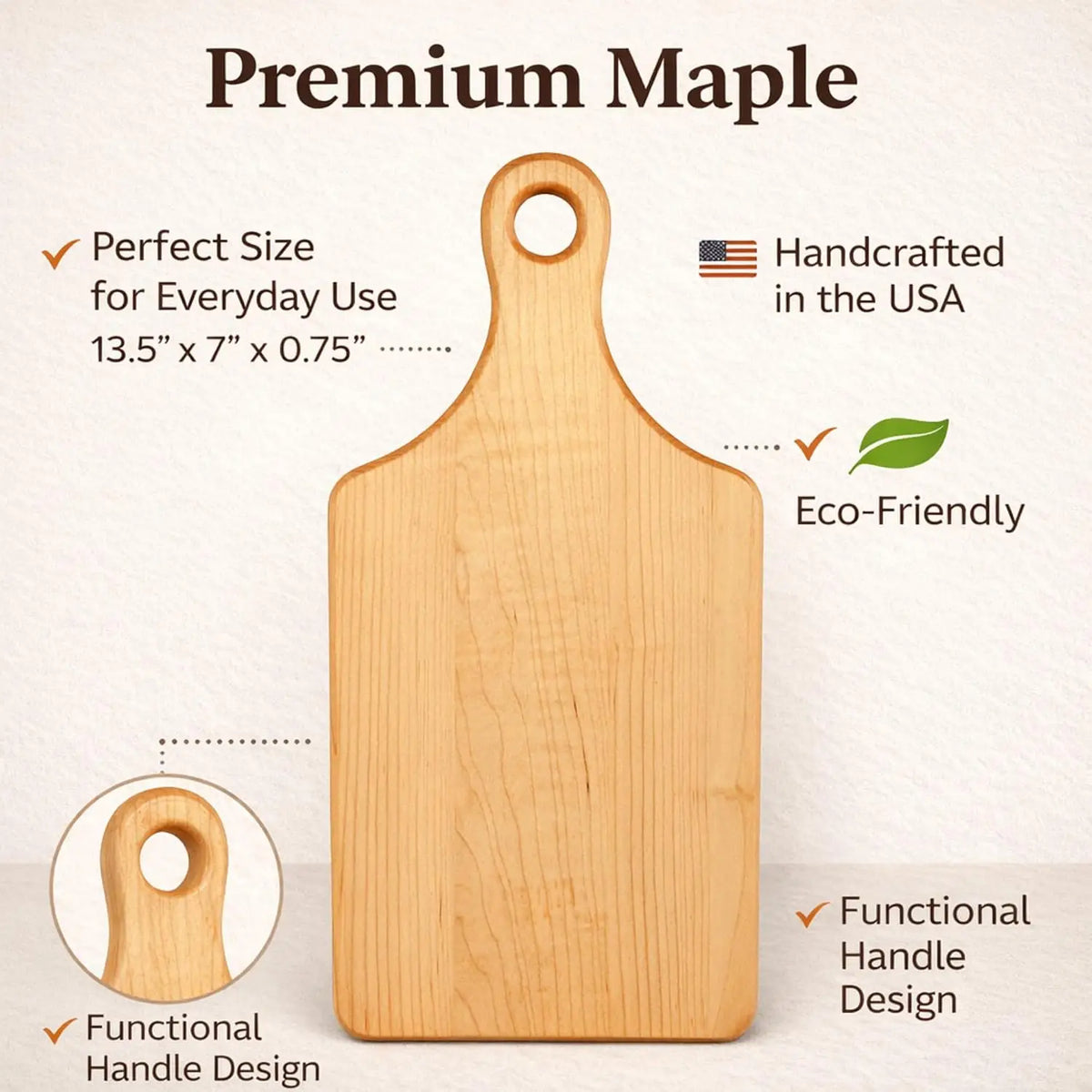 Handcrafted Maple Cutting Board with Handle – Premium Hardwood, Knife-Friendly Surface, Natural Grain Design, Charcuterie Serving Tray