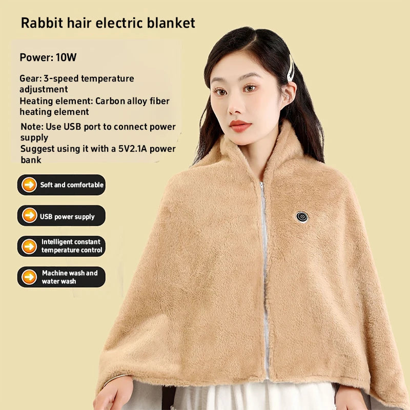 USB Wearable Heated Shawl Wrap Blanket with Hood Zipper