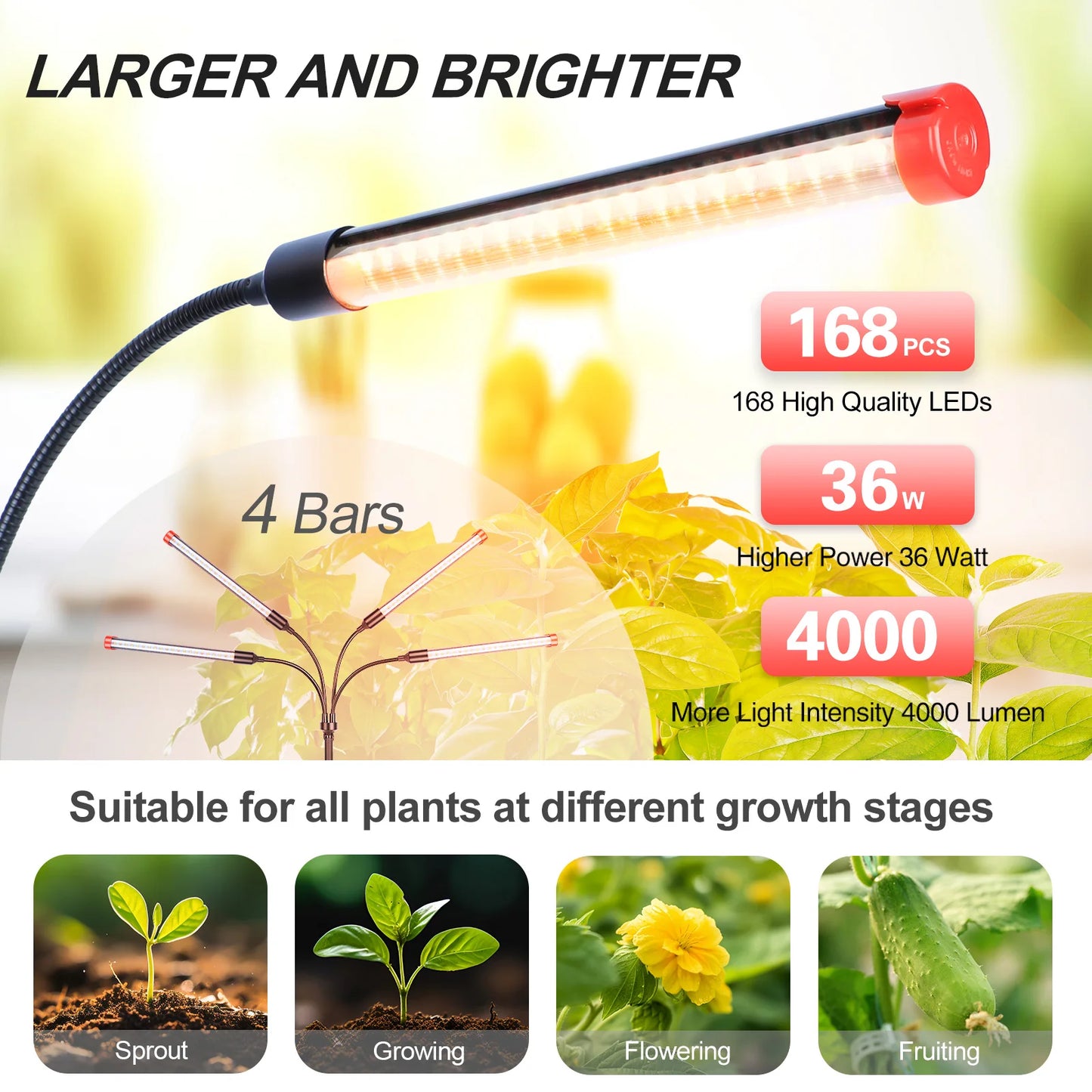 4-Head Table Top Grow Lights for Indoor Plants,Timer, 36W