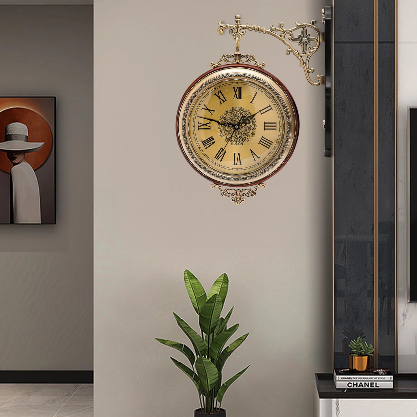 Vintage Double Sided Wall Clock Brown Round