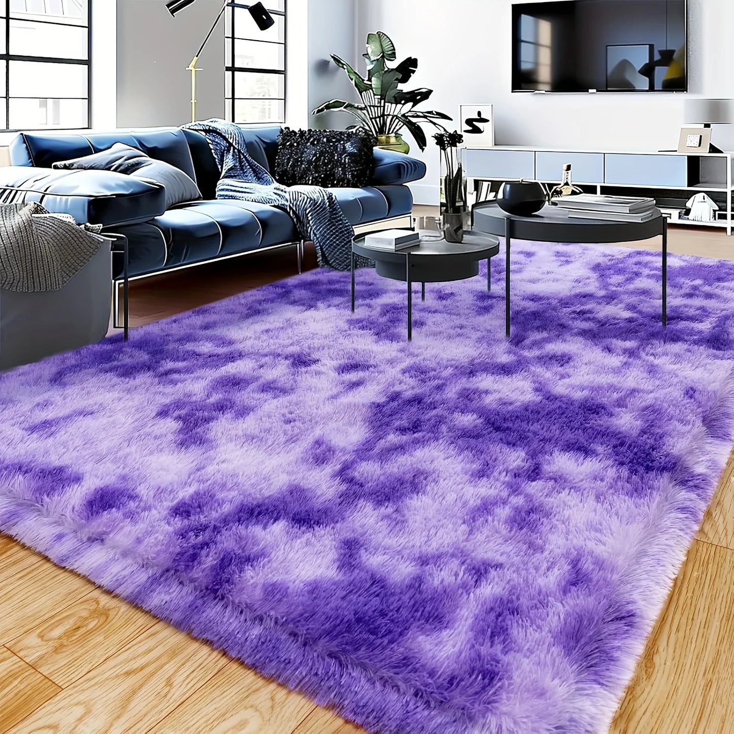 Tie Dye Purple Soft Plush Non-Slip Area Rug with 4 Area Rug Stickers,
