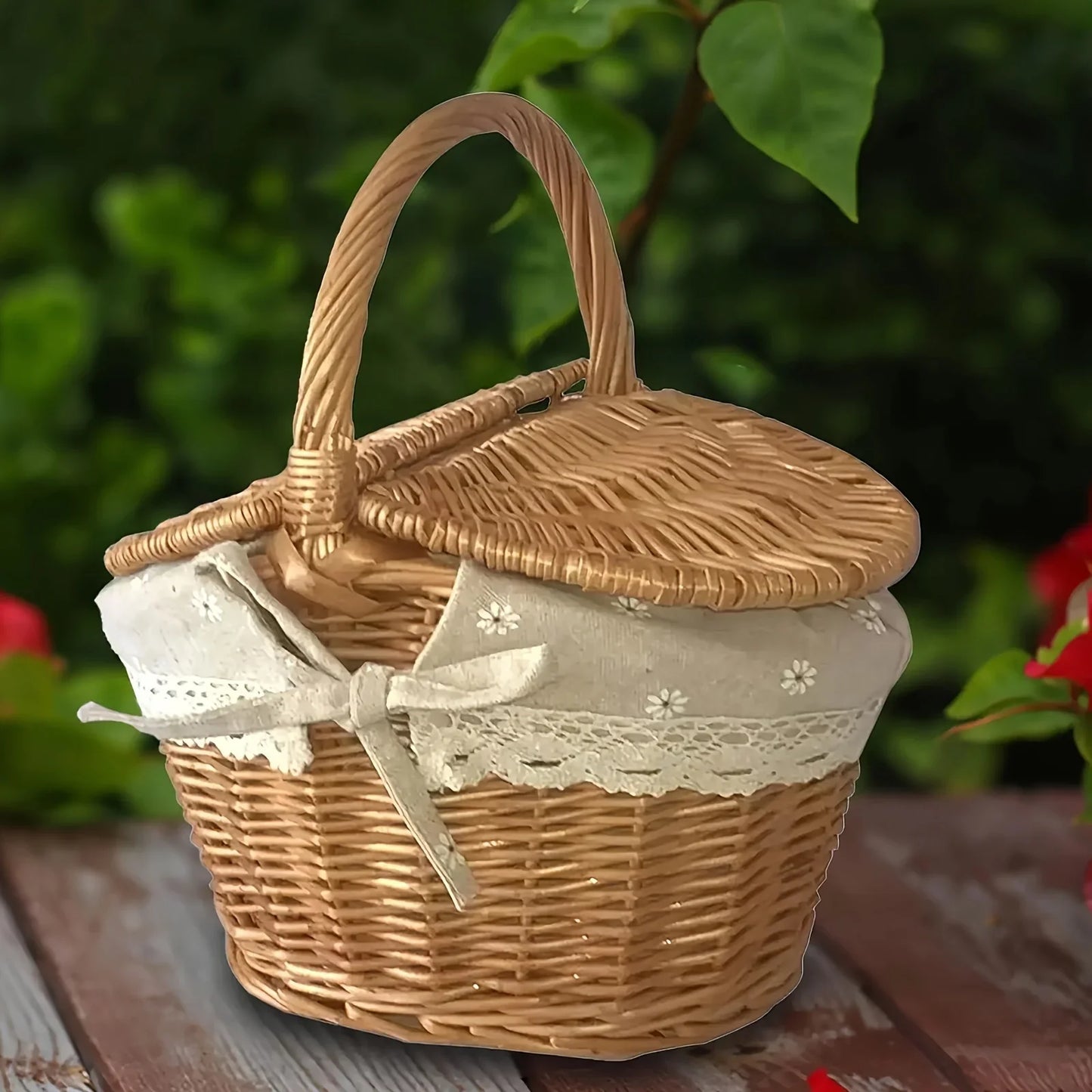 Wicker Basket, Handle Double-Lid Large Camping Picnic