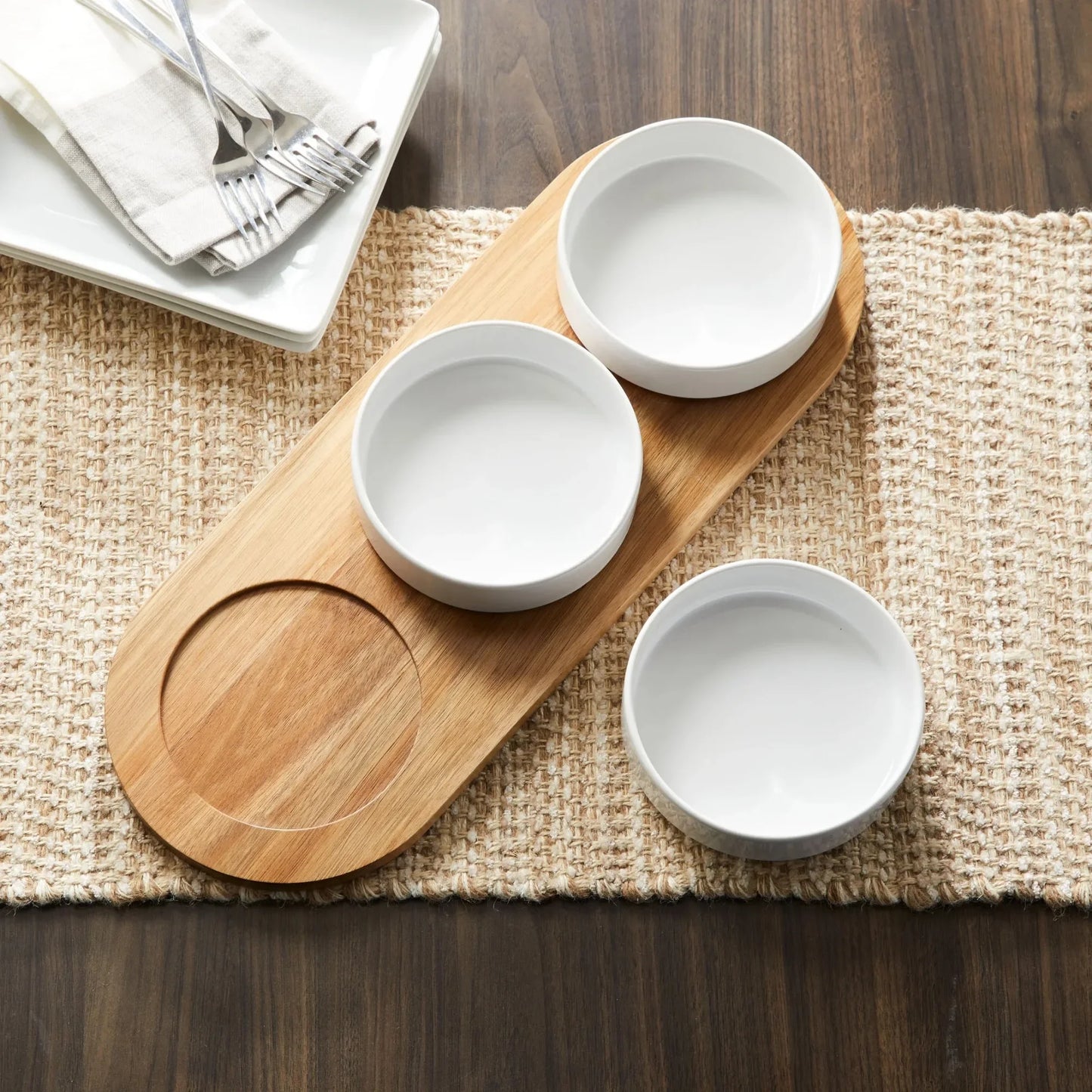 Tray - condiment bowl, white ceramic - acacia wood tray