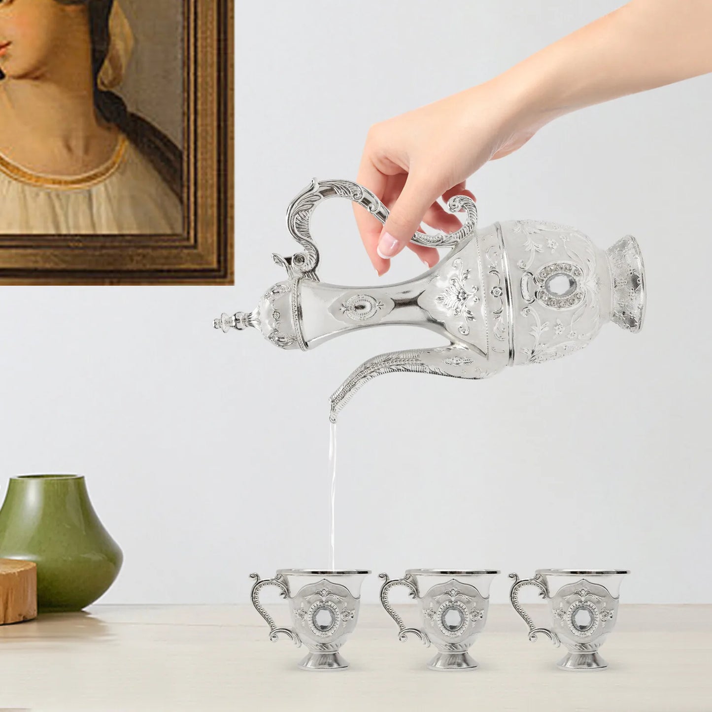 Antique Style Silver Tea Set Including Teapot, 6 Cups & Tray