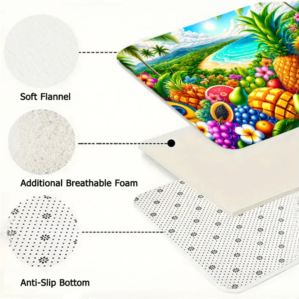 3PCS Mat Set,  Front Door, Kitchen,  Tropical Fruits Palm Trees Flowers Waterfall