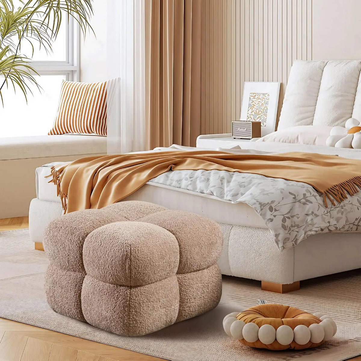 Fuzzy Ottoman Square Sherpa Pouf Tufted Boucle Fabric
