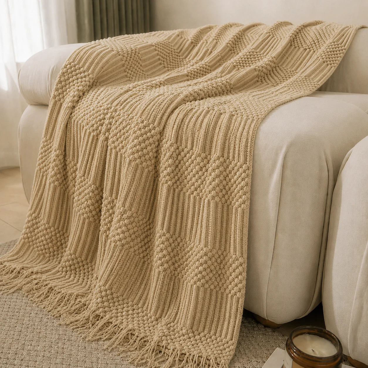 Textured Knit Throw Blanket with Tassel Fringe, Soft Knitted Decorative Blanket,