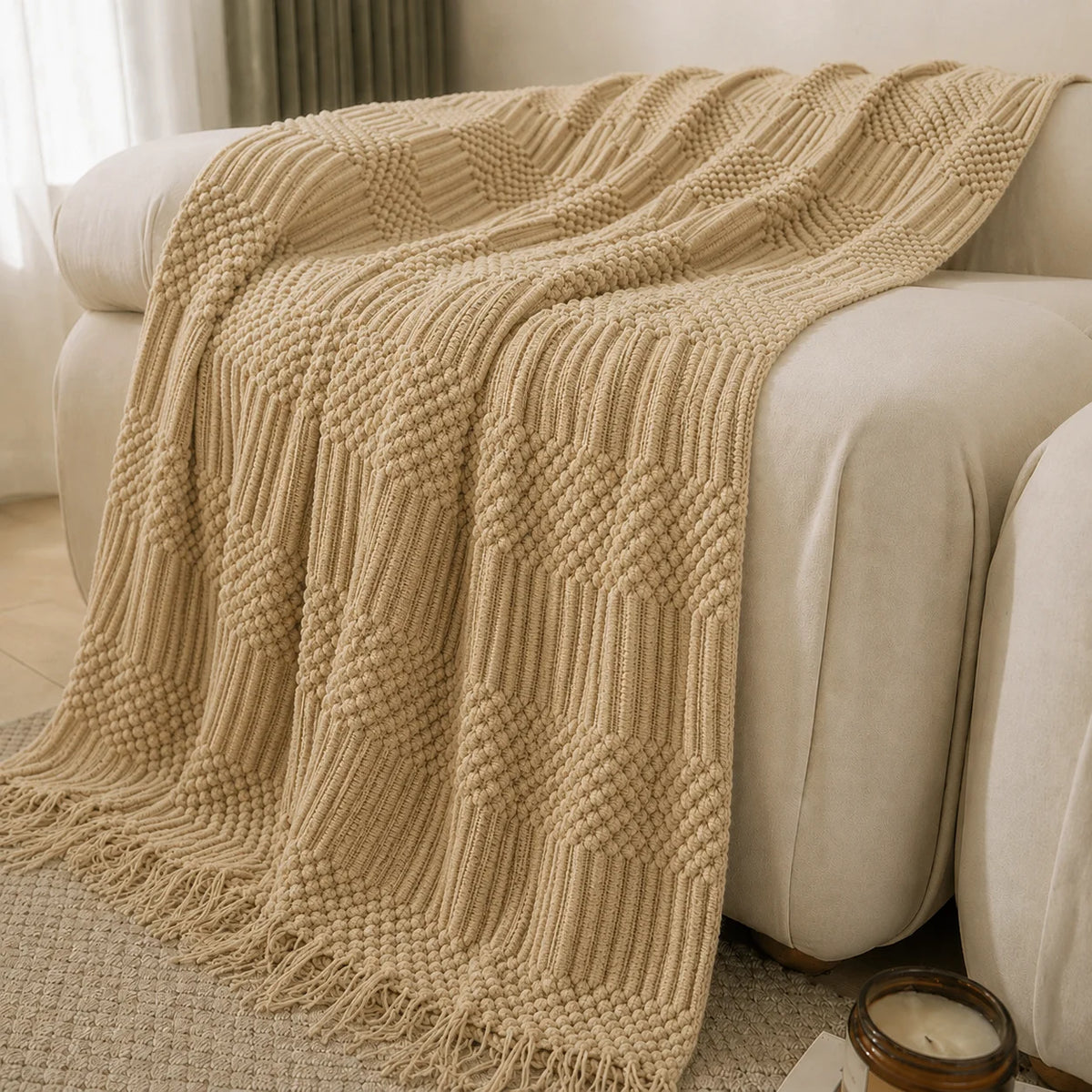 Burnt Orange Herringbone Textured Knit Throw Blanket with Tassel Fringe