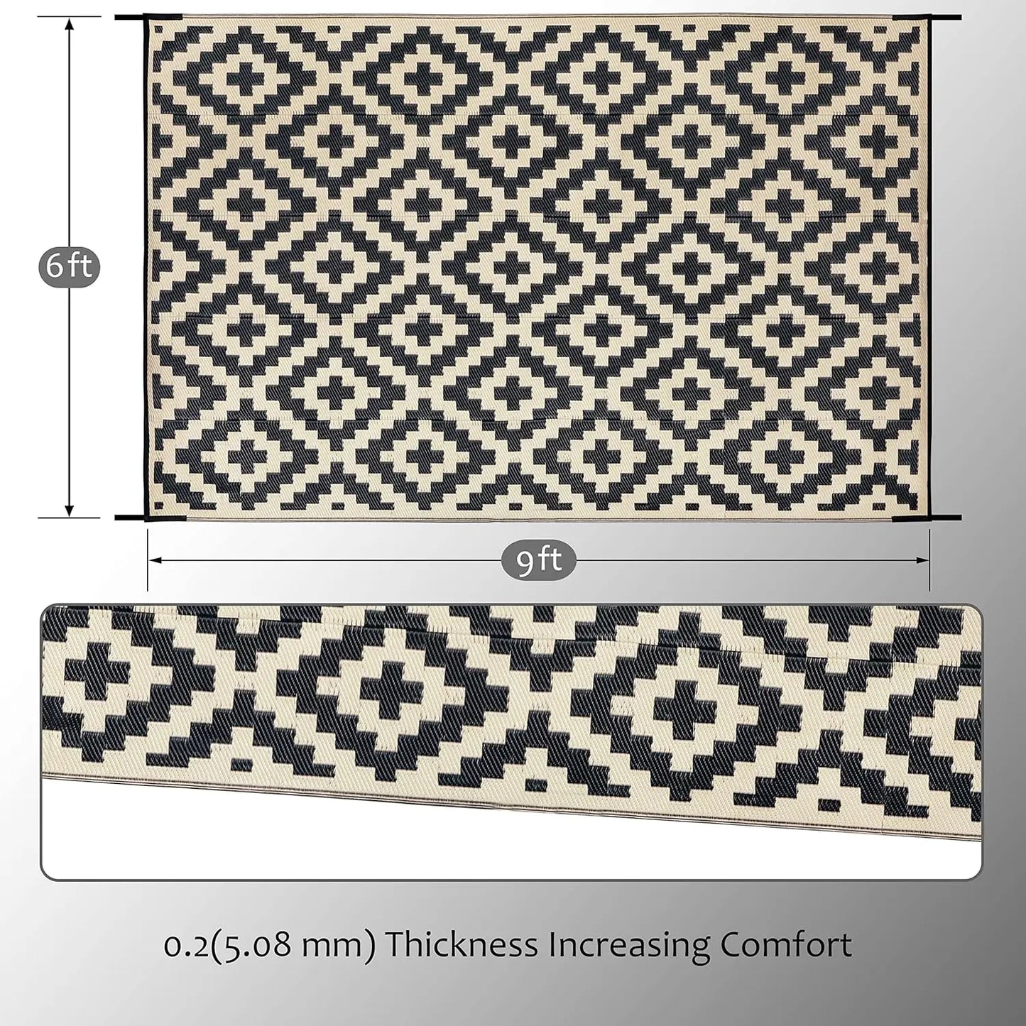 Reversible Plastic Straw Rug,  Black & Beige, 6' x 9'