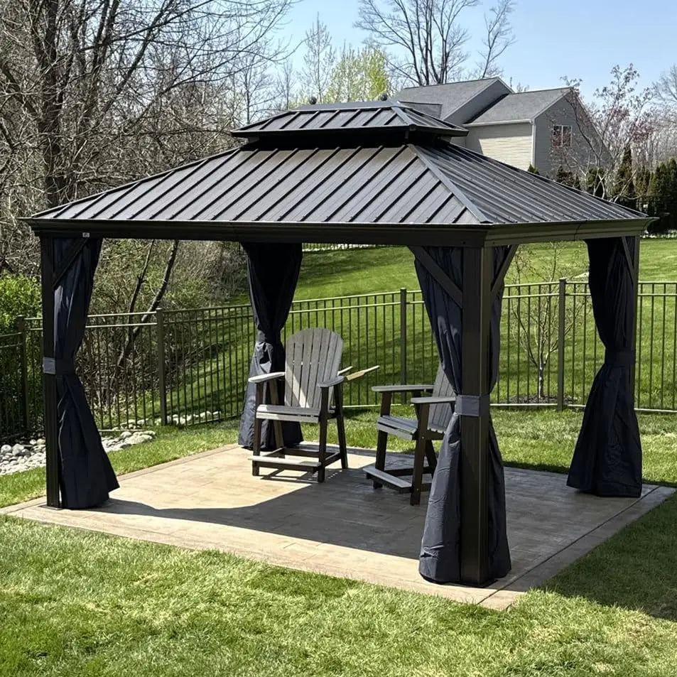 10' X 12' Hardtop Gazebo Canopy with Netting and Curtains for Outdoor Deck Backyard Heavy Duty Sunshade Outside Meta