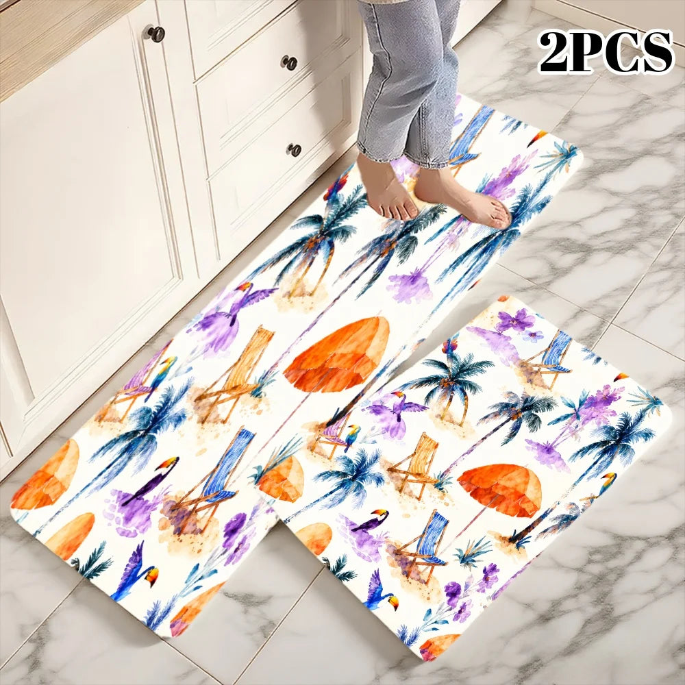 3PC  Rugs Palm Trees Beach Chairs Umbrellas Sunflowers Watercolor