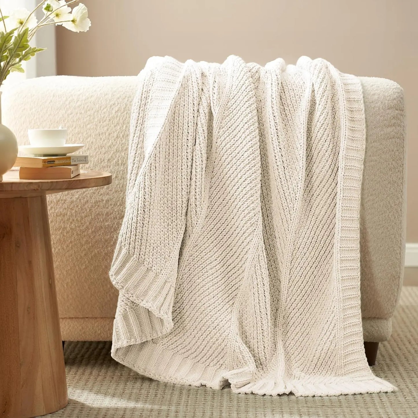 Chenille Knit Throw, Chunky Knit Soft Blanket , Ivory, 50"x 60"