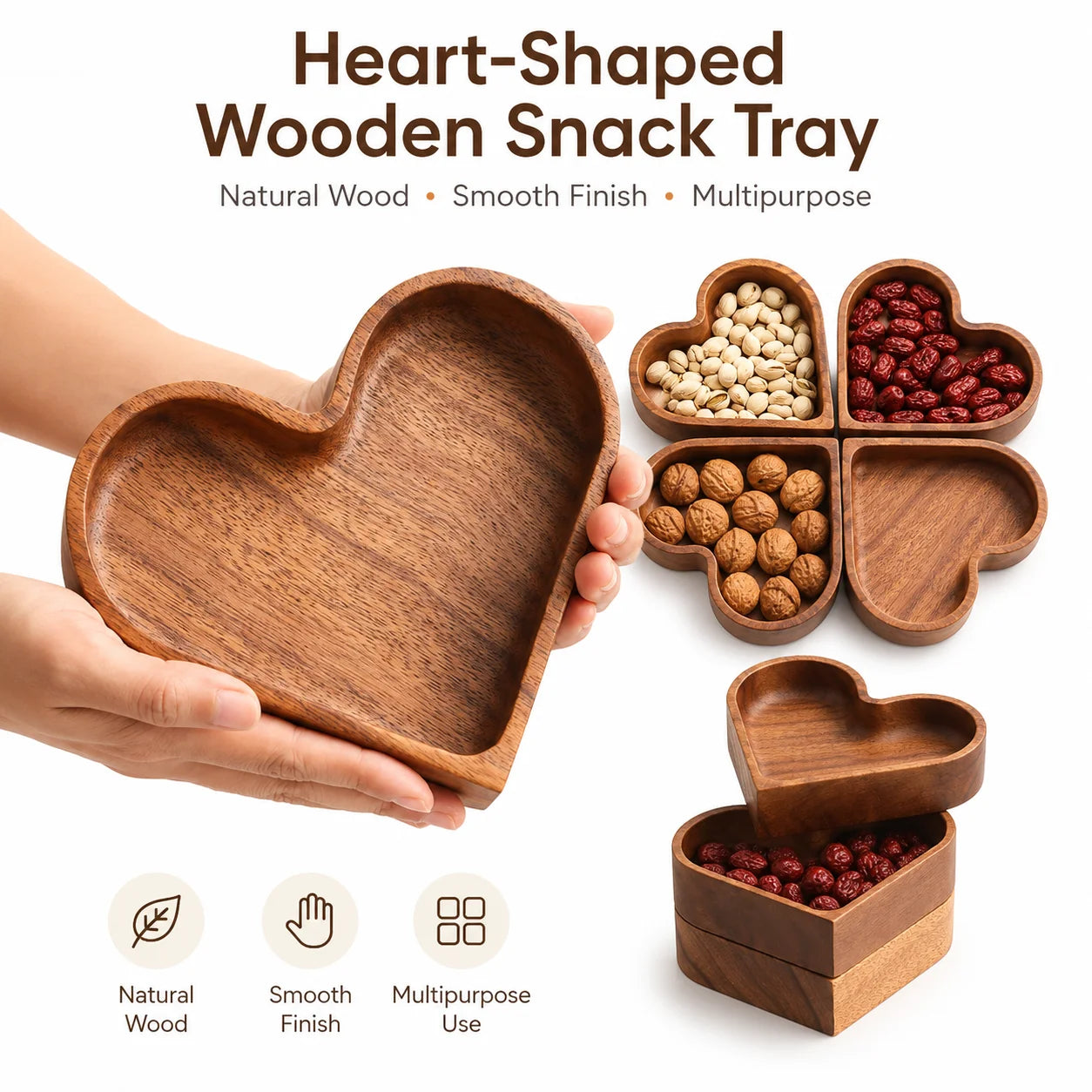 Heart Shaped Wooden Snack Tray Set Multipurpose Serving Bowl with Lid