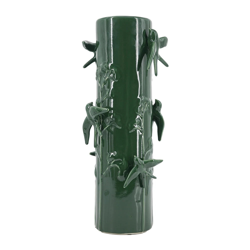 D7.9x18.9" Tall Green Ceramic Vase with Sculpted Birds and Vines
