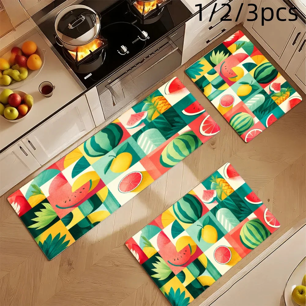 3PCS Mat Tropical Fruit Pattern With Watermelon Pineapple Mango Kitchen Rug.