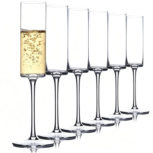 Crystal Champagne Flutes Set of 6 - 6.5 oz Hand Blown Champagne Glasses With Long Stem