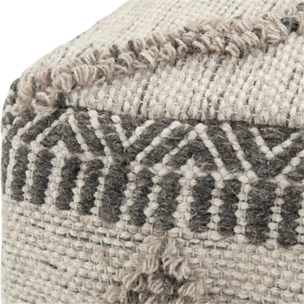 Boho Square Pouf In Grey, Natural Handloom Woven Pattern