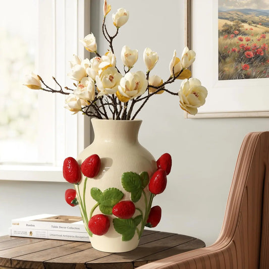 Unique Ceramic Flower Vase, with Red Strawberries