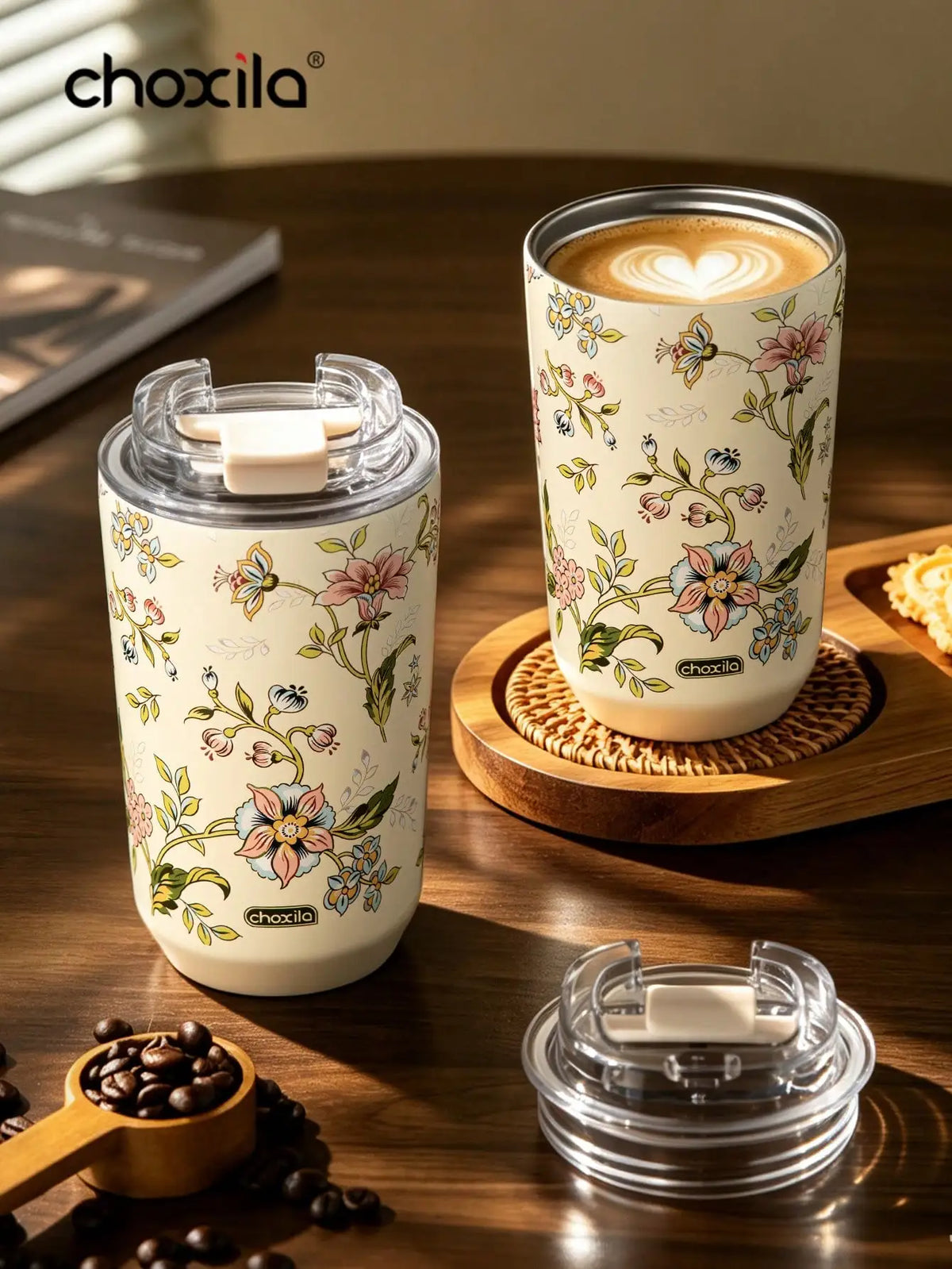 1pc Vintage Floral Print 380ml Stainless Steel Insulated Coffee Mug