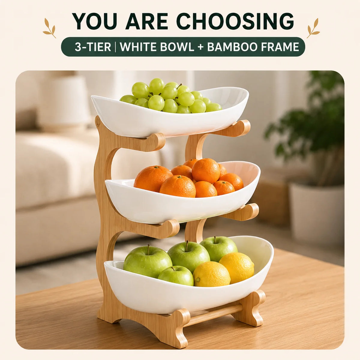 2/3-Tier Fruit Bowl with Stand, Plastic Fruit Basket with Bamboo Frame f