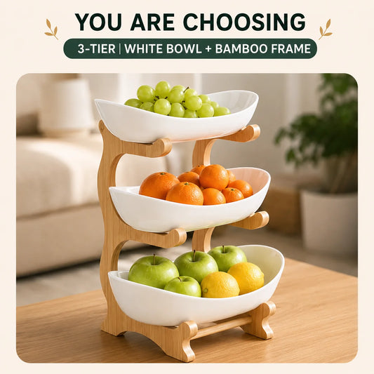 2/3-Tier Fruit Bowl with Stand, Plastic Fruit Basket with Bamboo Frame f