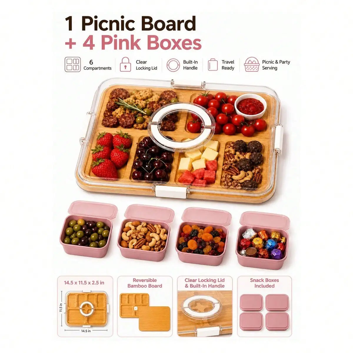 Portable Bamboo Charcuterie Board Set with Clear Lid