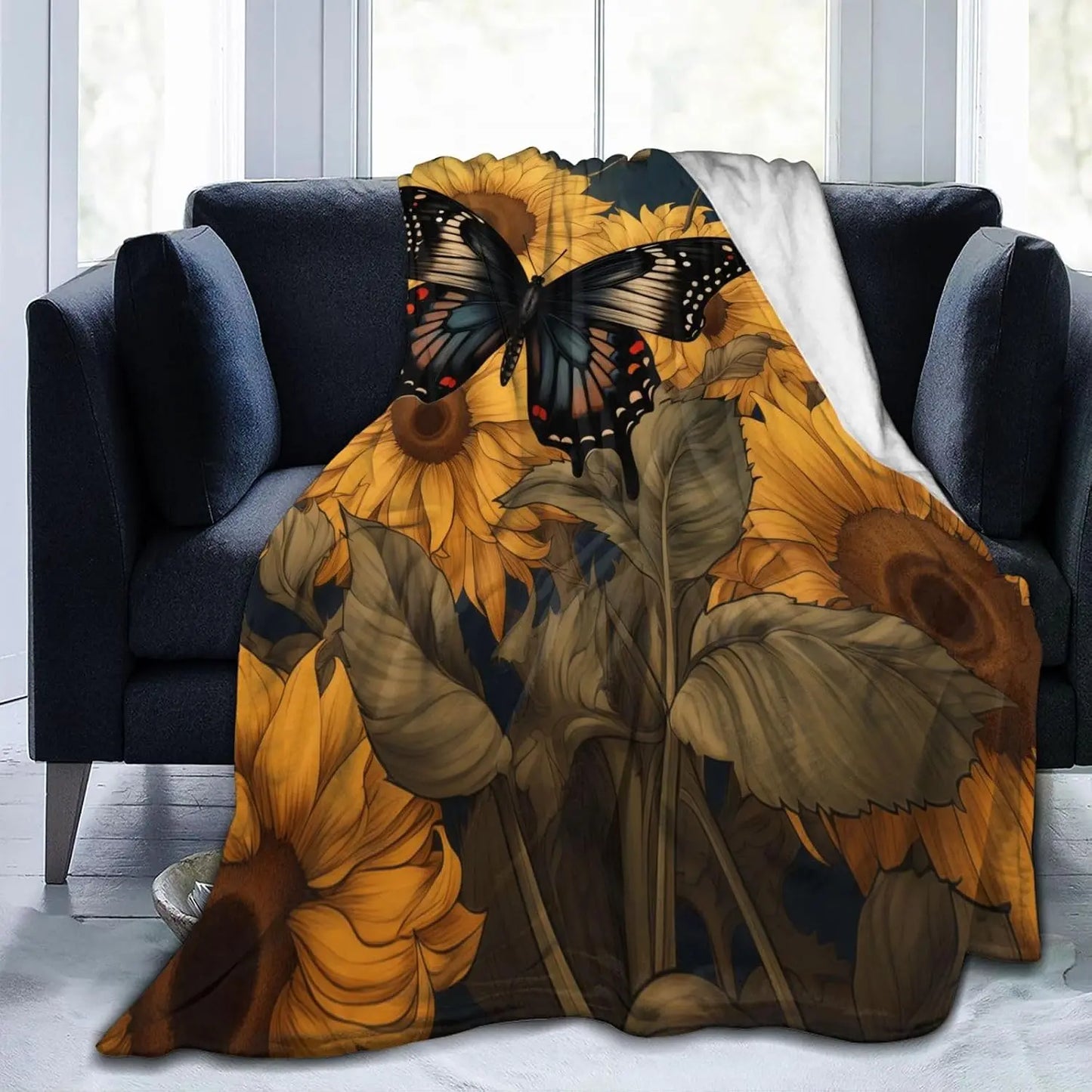 Sunflower Butterfly Blanket  Flannel Throw Blankets