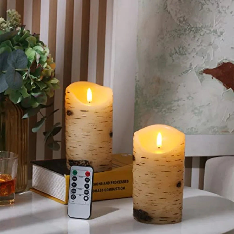 Flameless Candles LED Birch Bark Effect Set of 2 D:3.25" X H:6"