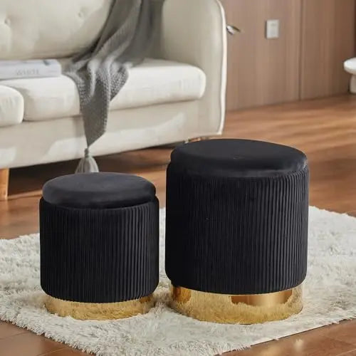 Round Ottoman with Storage Set of 2 Velvet