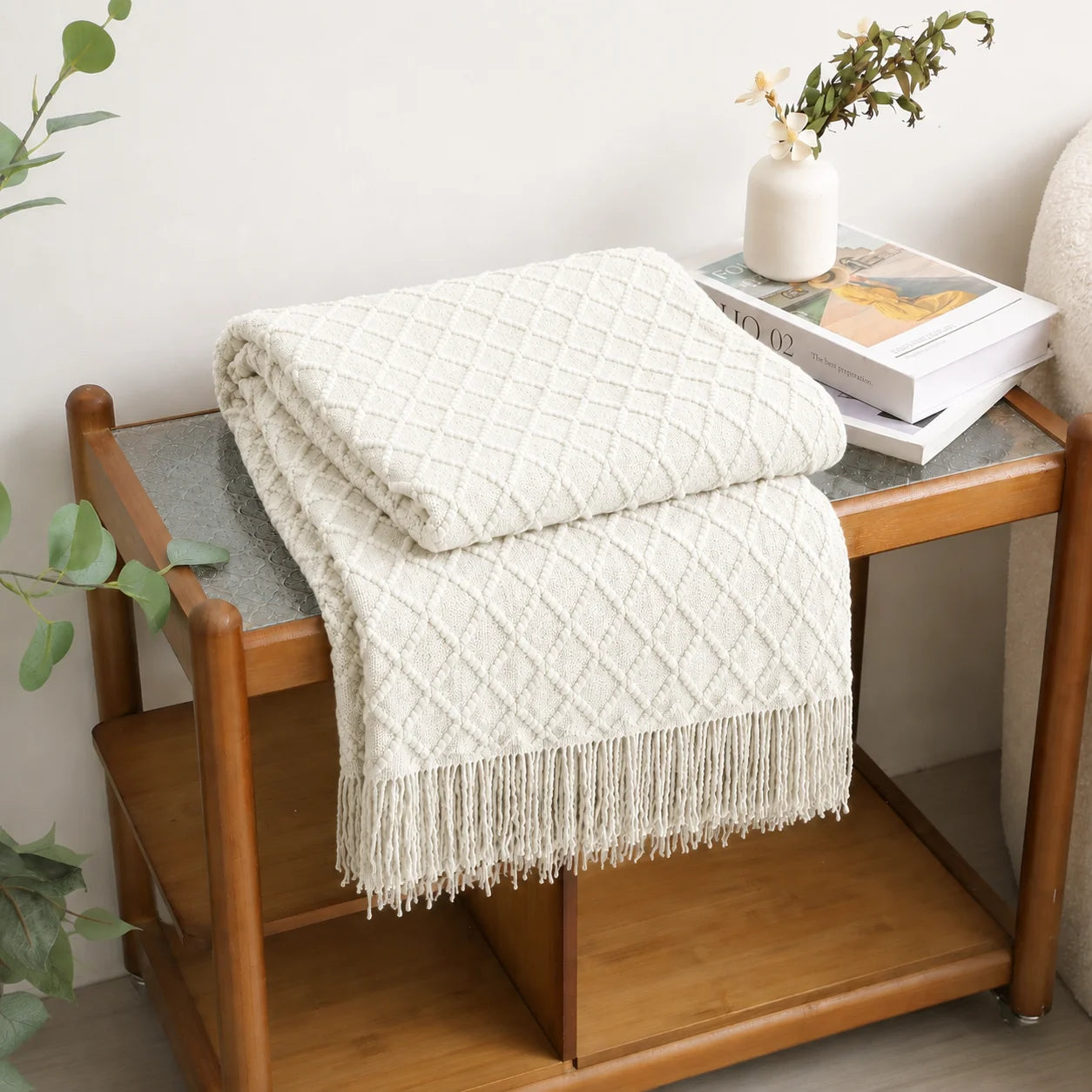 Cream Popcorn Bobble Textured Knit Throw Blanket with Tassel Fringe,