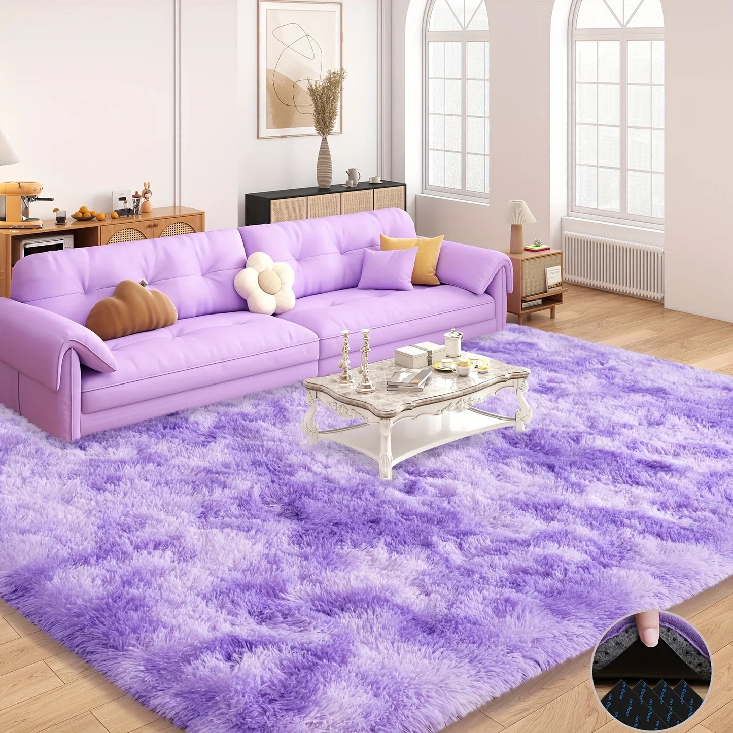 Tie Dye Purple Soft Plush Non-Slip Area Rug with 4 Area Rug Stickers,