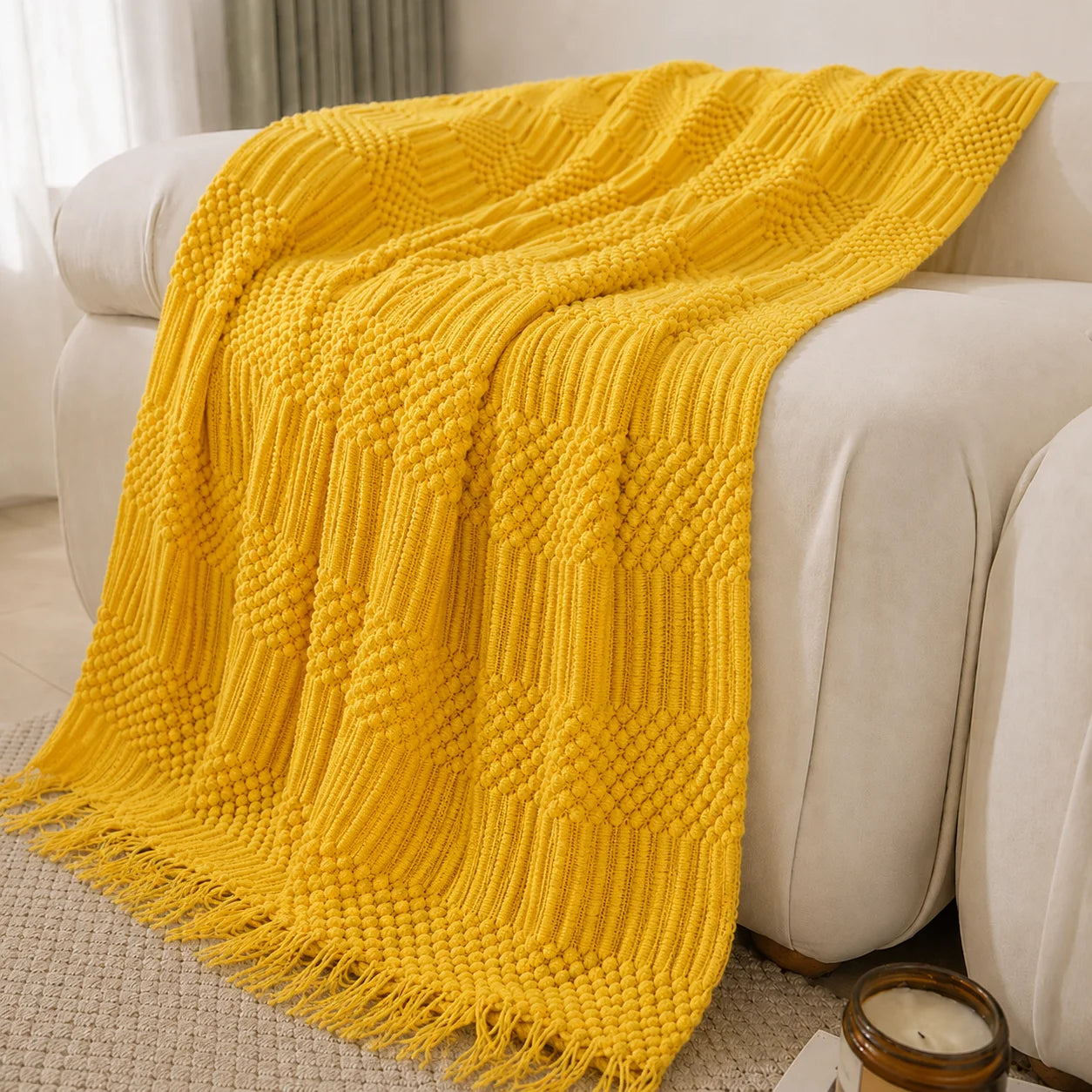 Textured Knit Throw Blanket with Tassel Fringe, Soft Knitted Decorative Blanket,