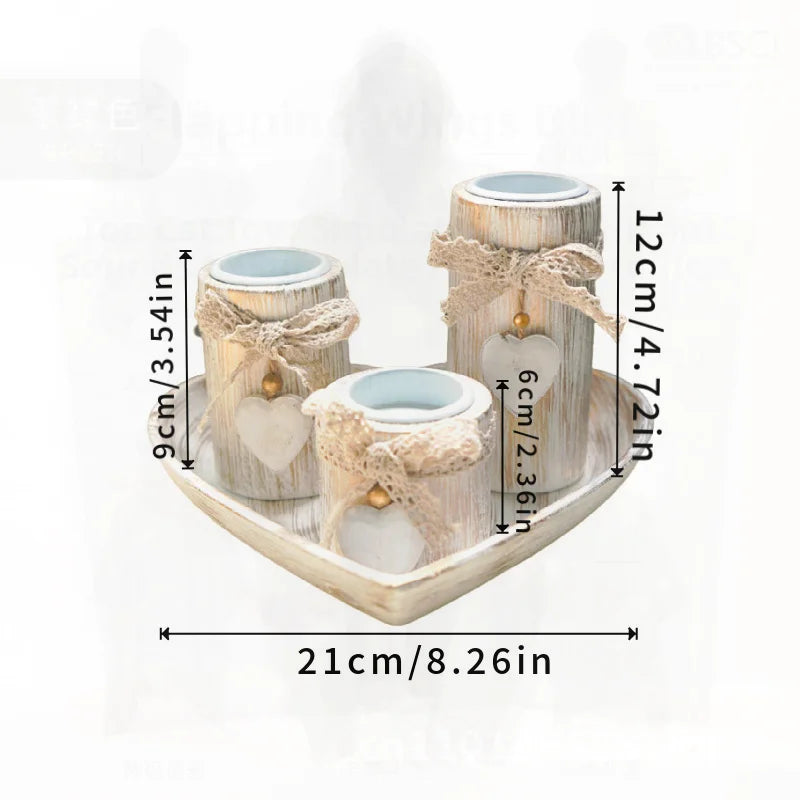 Antique Wooden Heart Candlestick Set  Tea Wax Holder