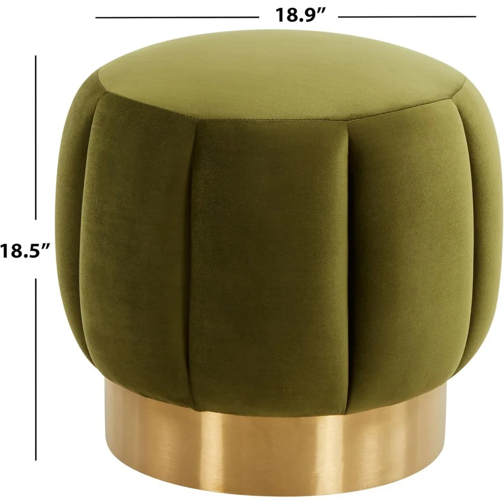 Olive Green Velvet Channel Foot Stool Round Ottoman