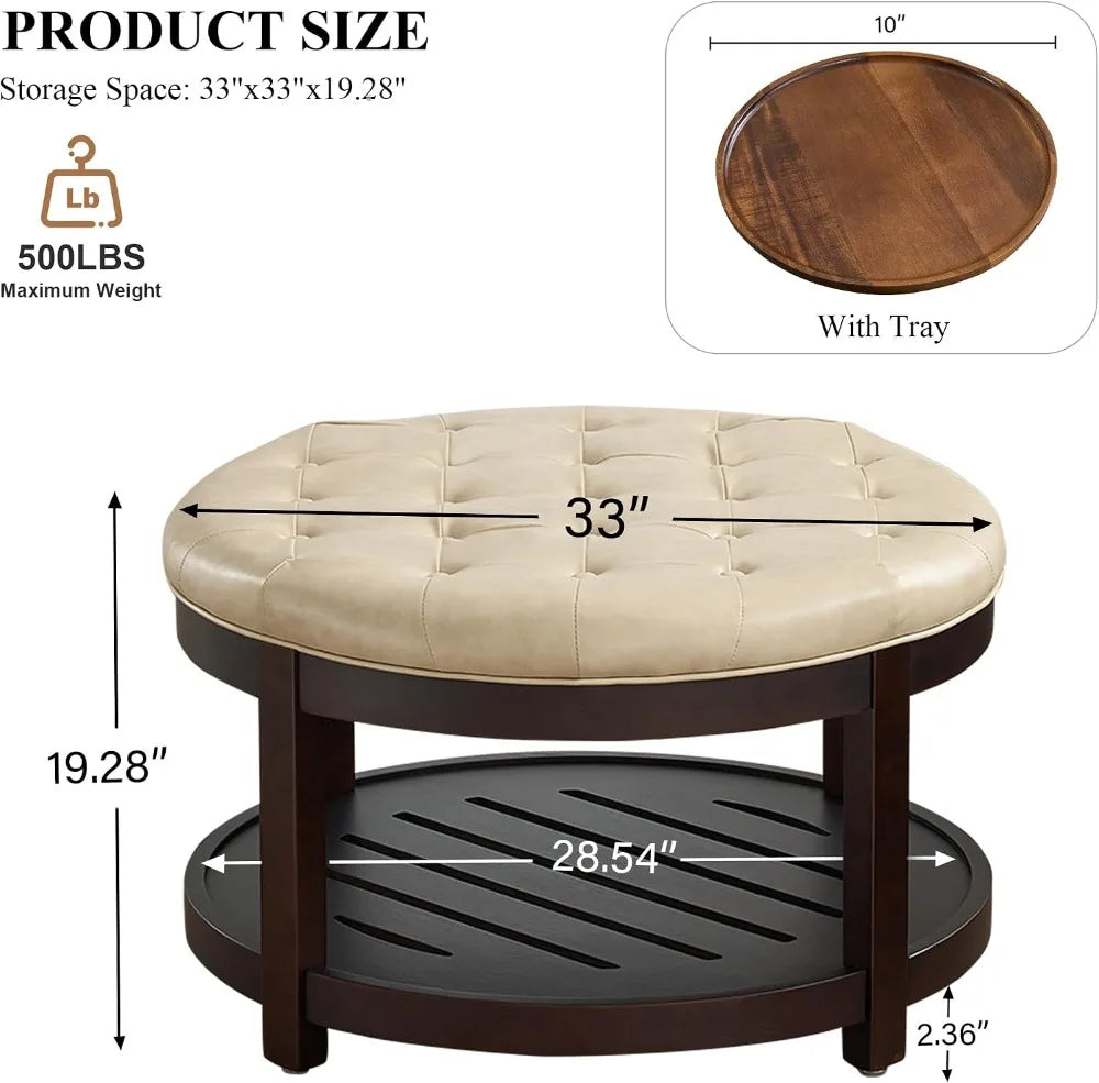 Large Round Storage Ottoman PU Leather Footrest