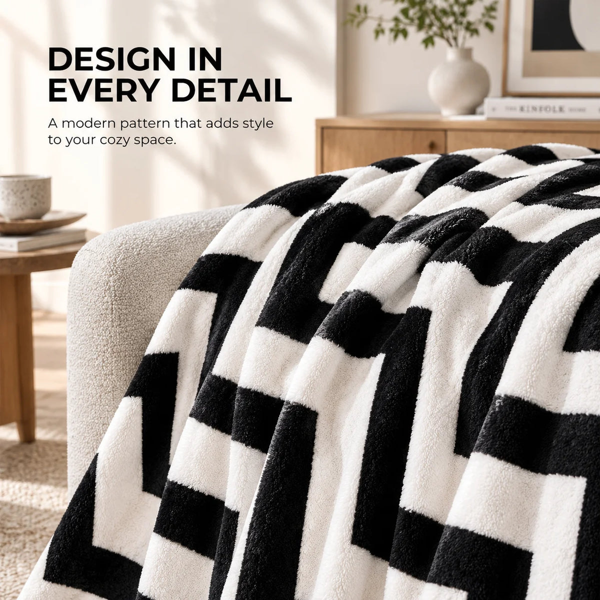 Black White Geometric Flannel Fleece Blanket, Soft Plush Throw