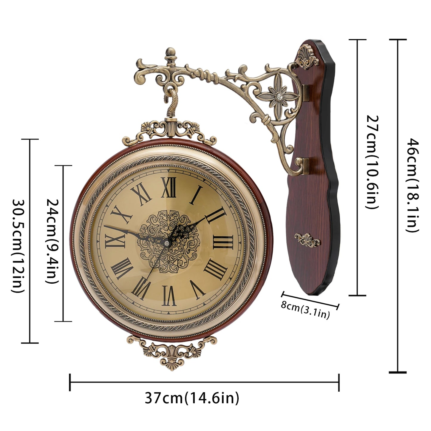 Vintage Double Sided Wall Clock Brown Round