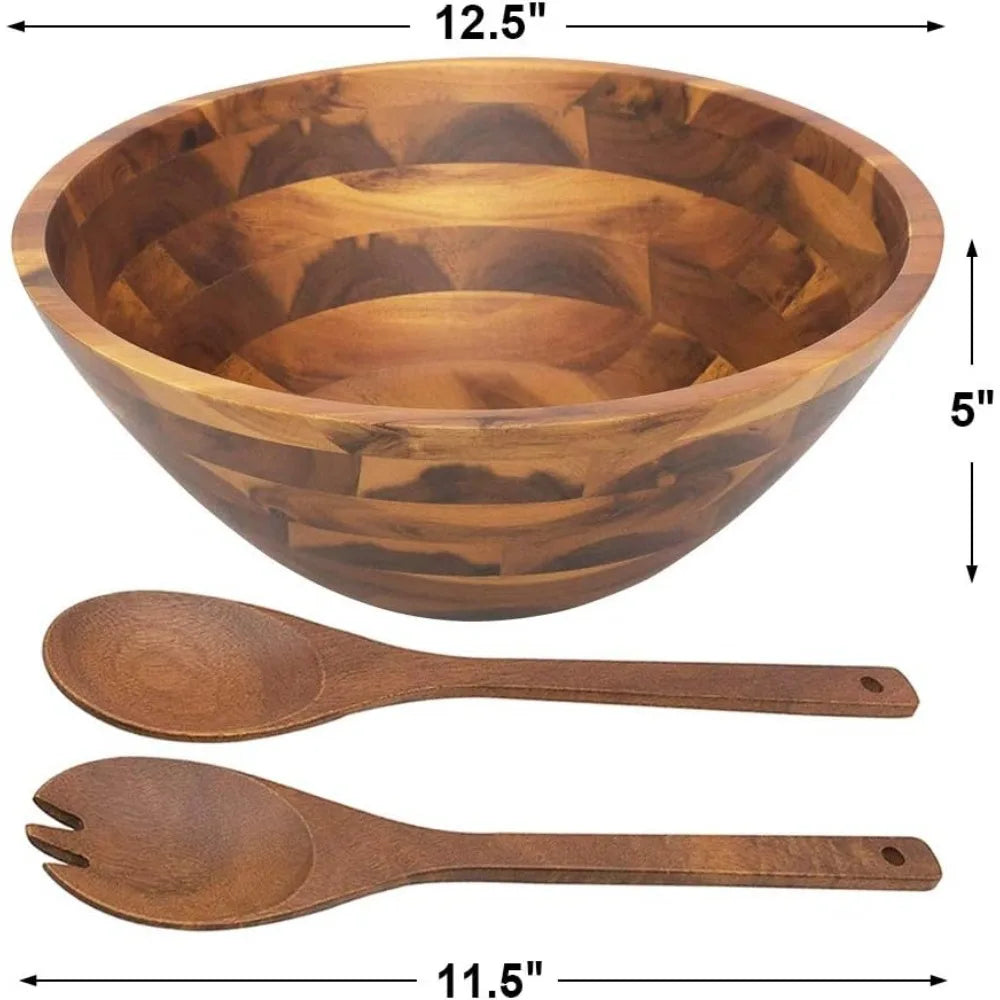 Acacia Wood Salad Bowl Set -Serving Utensils, 12.5"