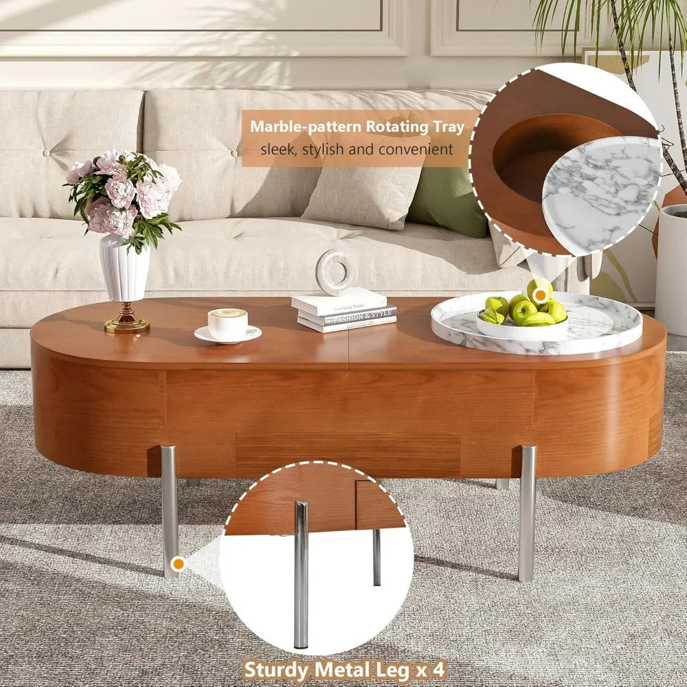 47.2-Inch Lift Top Coffee Table - Hidden Storage - Rotating Round Tray