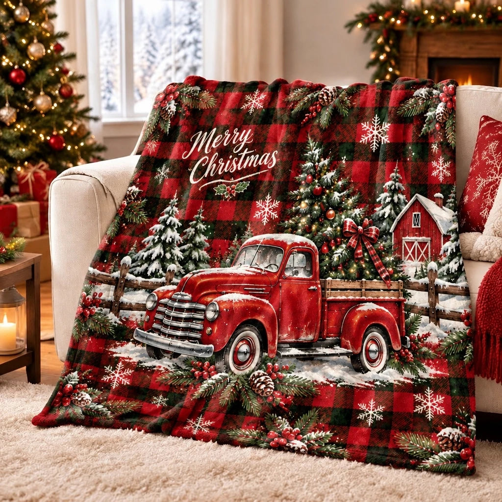 Christmas Throw Blanket with Plaid Truck & Tree Print