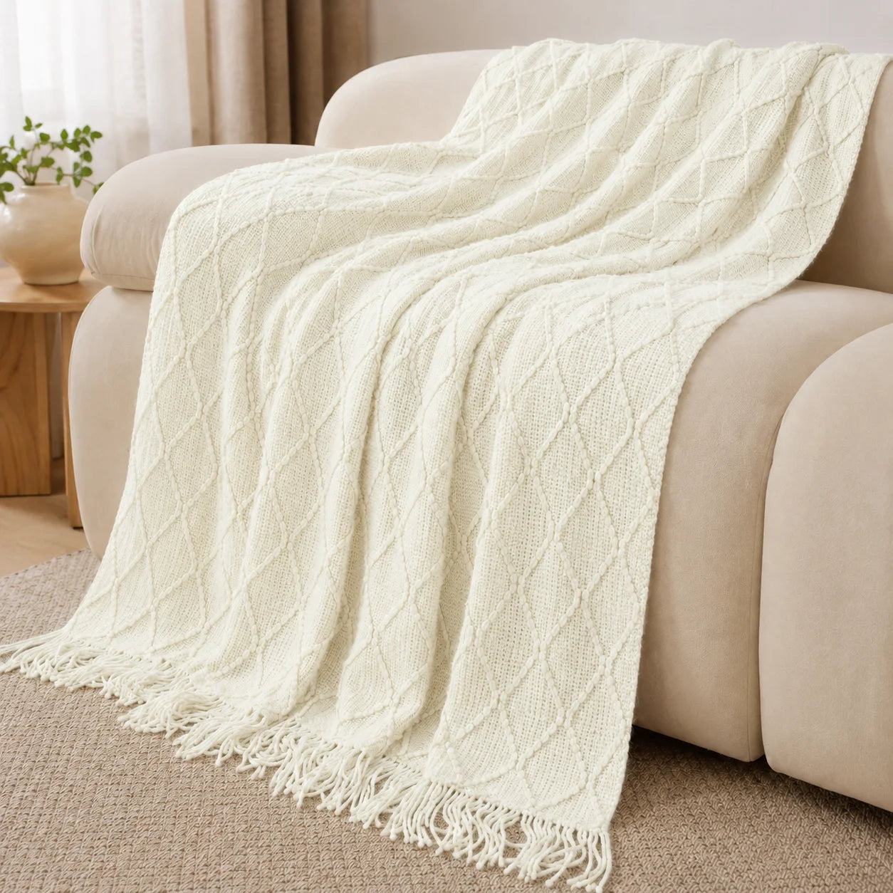 Textured Knit Throw Blanket with Tassel Fringe, Soft Knitted Decorative Blanket,