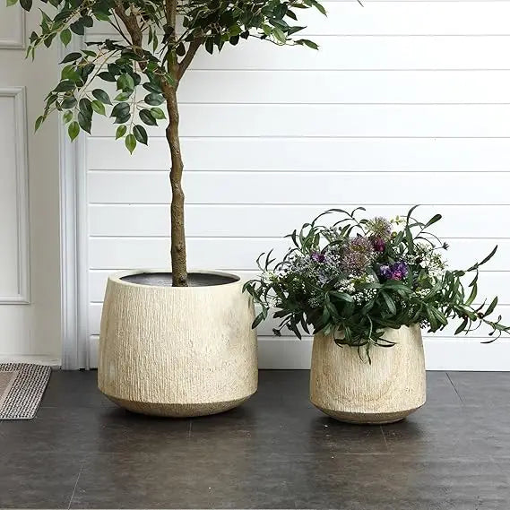 Round Planters, Set of 2 Large Outdoor, Drainage Hole