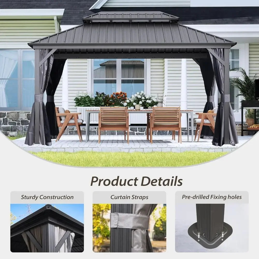 Domi 10x14T Outdoor Gazebo,  Galvanized Steel, Hardtop Gazebo