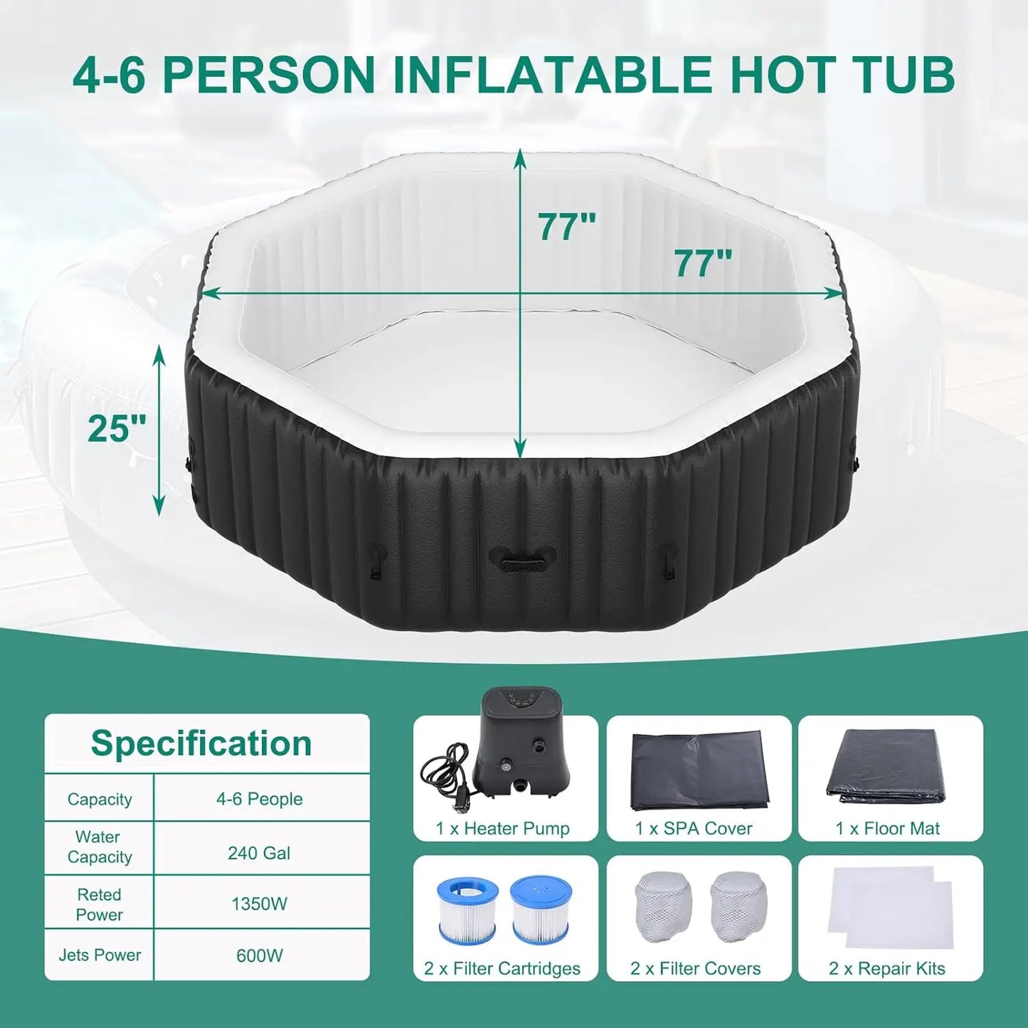 4-6 Person Inflatable Hot Tub, 77" X 77" X 25" 130 Bubble Jets,