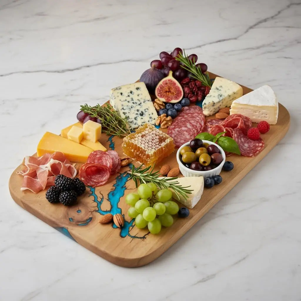 Acacia Wood Charcuterie Board 16x10.5 Inch Blue Fractal Burn Epoxy