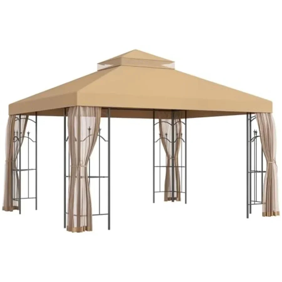 Gazebo with  Fe Shelves Double Roof Outdoor Netting in Beige