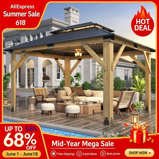 11x13 Outdoor Wooden Gazebo Patio Galvanized Steel , HeavyDuty