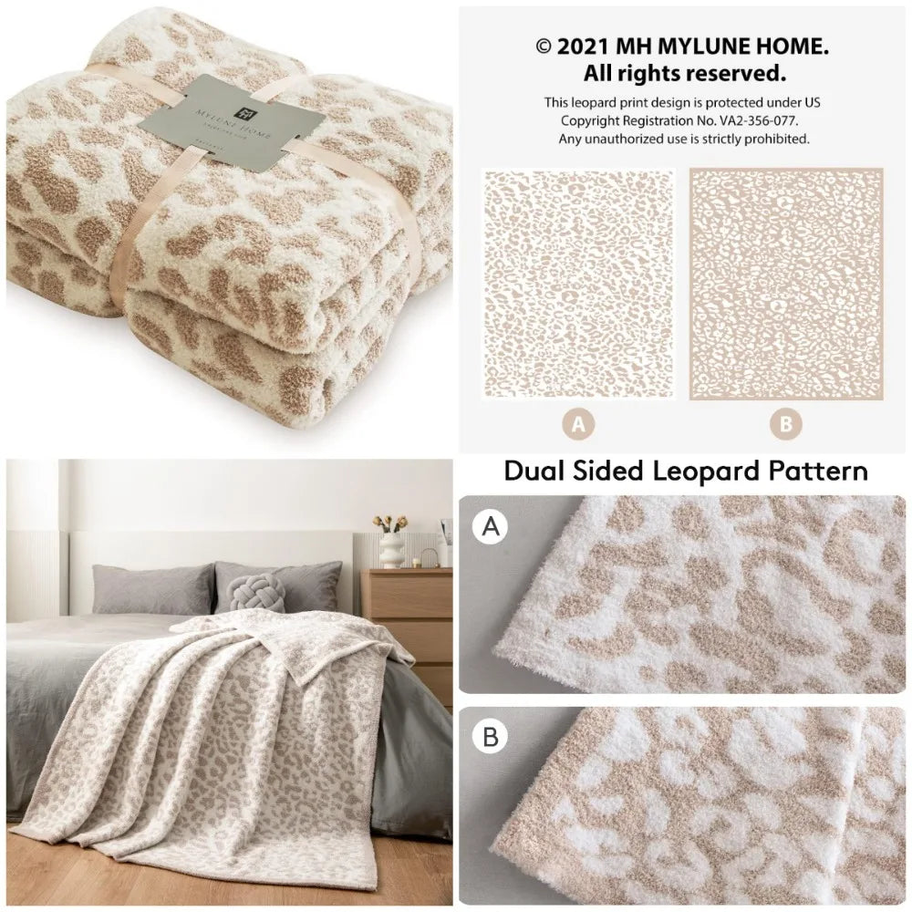 Large  Plush Leopard Blanket (71x78 inches, Khaki) Warm Reversible Cheetah